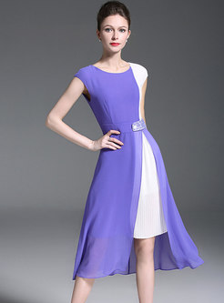 Elegant Color-blocked O-neck Belted A Line Dress