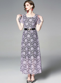 Elegant Lace O-neck Belted Hem Maxi Dress