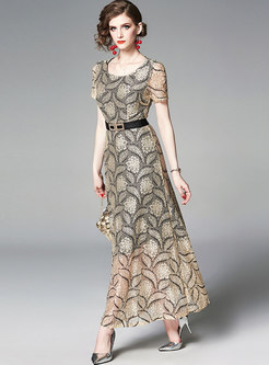 Elegant Lace O-neck Belted Slim Maxi Dress