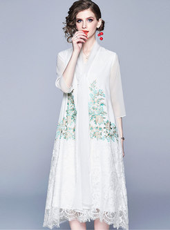 Chic Splicing Tie Embroidered Loose Coat