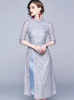 Lace Splicing Mandarin Collar Sheath Dress