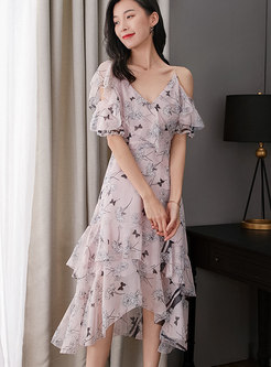 Asymmetric Falbala Pink Print Off Shoulder Slip Dress