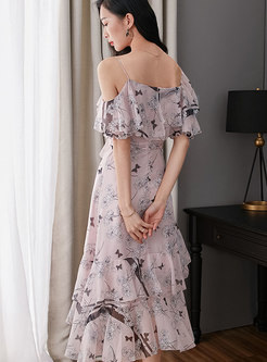 Asymmetric Falbala Pink Print Off Shoulder Slip Dress