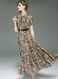 Leopard Stand Collar Belted Slit Maxi Dress