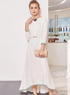 Chic Lace O-neck Belted Slim Asymmetric Dress