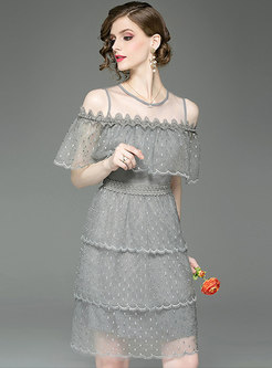 Mesh Splicing Off Shoulder Embroidered Layered Dress