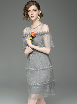 Mesh Splicing Off Shoulder Embroidered Layered Dress