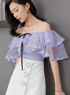 Purple Organza Lace Splicing Knitted Sweater