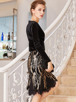 Elegant V-neck Slim Top & Sequins High Waist Slim Skirt