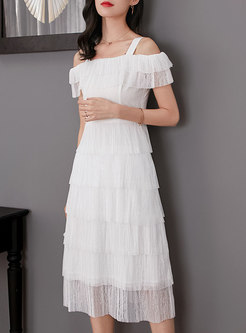 Lace Backless White Pleated Skater Dress