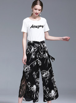 Letter Embroidered T-shirt & Lace Splicing Print Pants