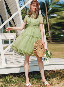 Chiffon Stand Collar Tied Pleated Skater Dress