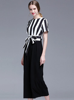 Black and White Stripes Bowknot Gathered Waist Jumpsuit