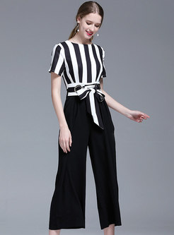 Black and White Stripes Bowknot Gathered Waist Jumpsuit