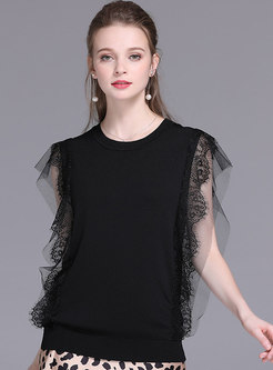 Lace Sleeveless Pure Color Knitted Top