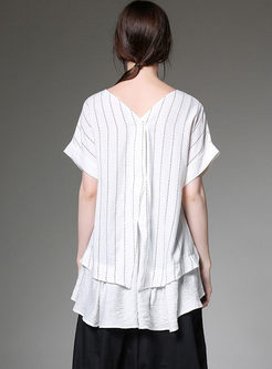 Casual O-neck Short Sleeve Loose Striped T-shirt
