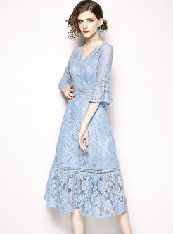 Sweet V-neck Hollow Out Perspective Lace Dress