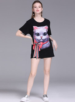 Brief Cat Pattern O-neck Loose T-shirt