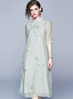 Vintage Mandarin Collar Embroidered Loose Dress