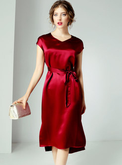 Pure Color V-neck Belted Side-slit Bodycon Dress