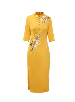 Vintage Stand Collar Embroidered Side-slit Sheath Dress