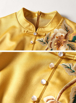 Vintage Stand Collar Embroidered Side-slit Sheath Dress