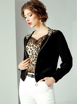 Trendy Leopard Splicing Hooded Zipper Short Coat