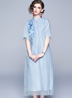 Half Sleeve Embroidered Stand Collar Loose Dress