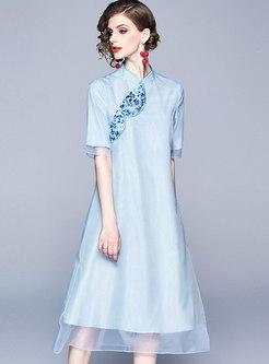 Retro Embroidered Stand Collar Half Sleeve Loose Dress