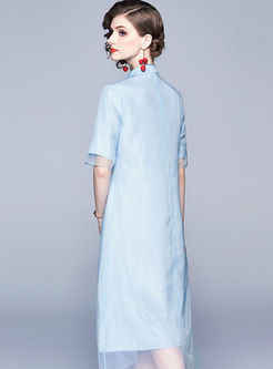 Retro Embroidered Stand Collar Half Sleeve Loose Dress