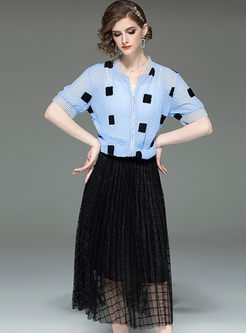 Chic Polka Dot Short Sleeve Top & Mesh Skirt