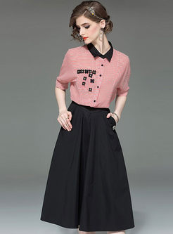 Stylish Lapel Striped Blouse & Big Hem Skirt