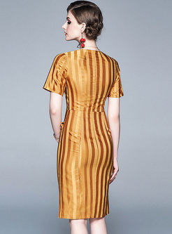 O-neck Striped Print High Waist Sheath Dress