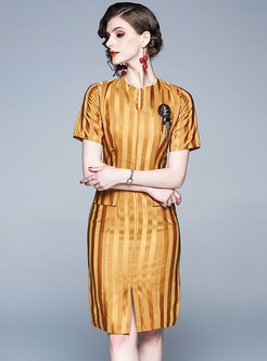 O-neck Striped Print High Waist Sheath Dress