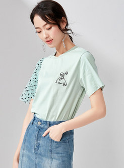 Polka Dot Splicing O-neck Embroidered T-shirt
