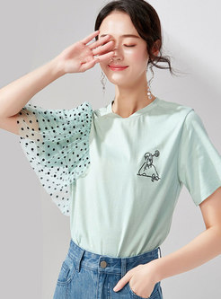 Polka Dot Splicing O-neck Embroidered T-shirt