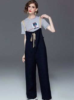 Casual Striped Print O-neck T-shirt & Overalls
