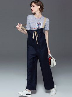Casual Striped Print O-neck T-shirt & Overalls