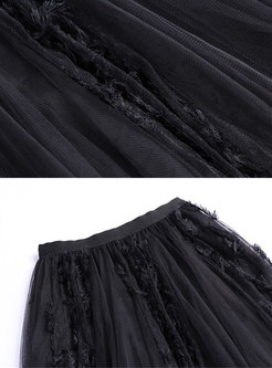Casual Print O-neck Short Coat & Mesh A Line Skirt