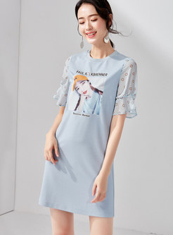 Casual Cartoon Pattern Flare Sleeve T-shirt Dress