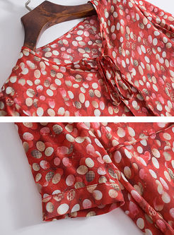 Brief O-neck Short Sleeve Print Silk Dress