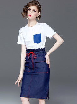 Casual O-neck T-shirt & Denim Tie-waist Sheath Skirt