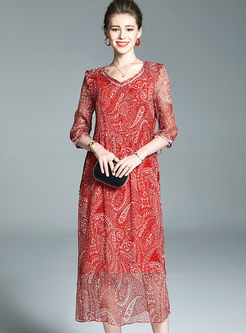 Plus Size V-neck Print Silk Dress With Cami