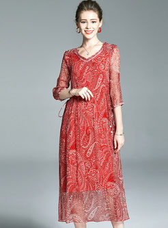 Plus Size V-neck Print Silk Dress With Cami