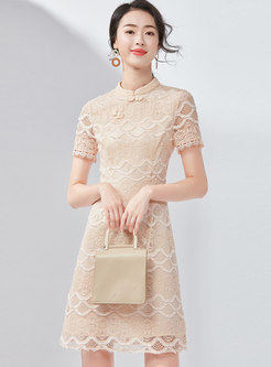 Vintage Lace Stand Collar Slim Mini Dress