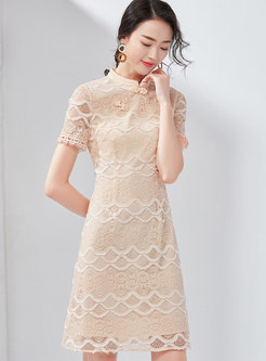 Vintage Lace Stand Collar Slim Mini Dress