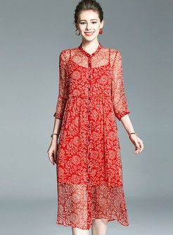 Stylish Three Quarters Sleeve Print Dress With Cami