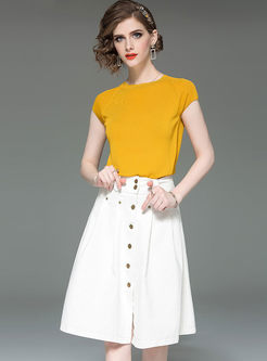Casual O-neck Short T-shirt & High Waisted Skirt