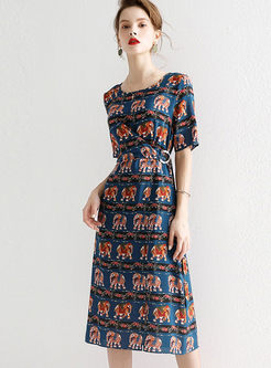 O-neck Short Sleeve Silk Print A Line Dress