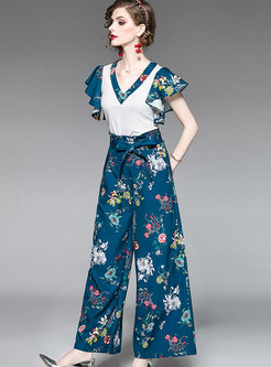 Fashion Print Falbala Sleeve Two-piece Pant Sets